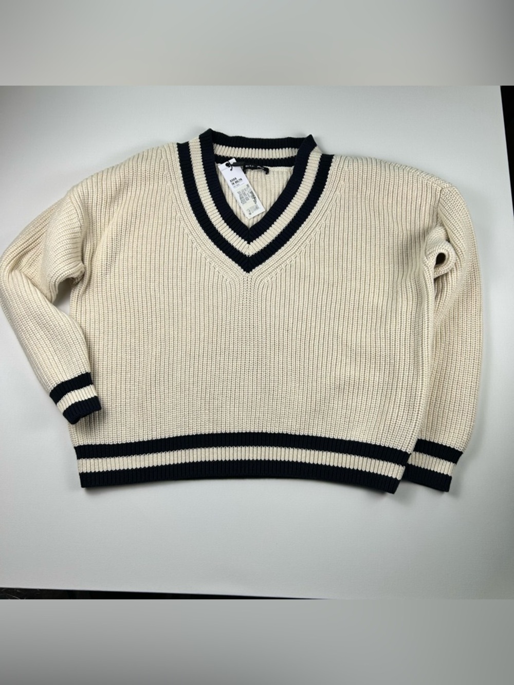 525 America Cream V-Neck Sweater with navy  Trim
